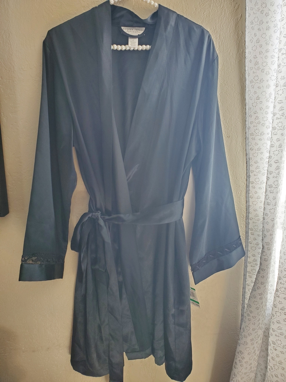 Morgan Taylor Black Satin Wrap Robe with Lace Trim
